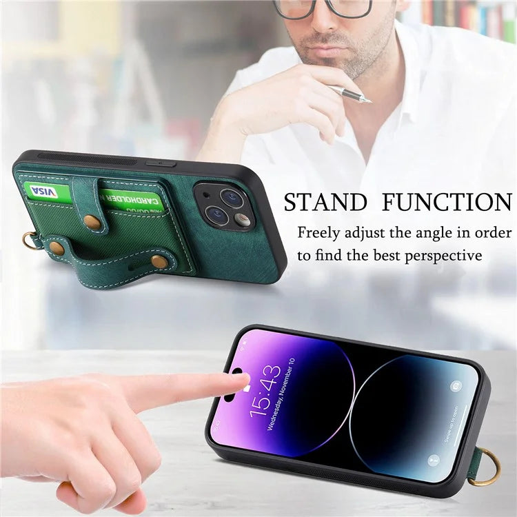 D9 For iPhone 13 Leather Coated Case TPU+PC Cell Phone Back Cover with Strap Card Holder