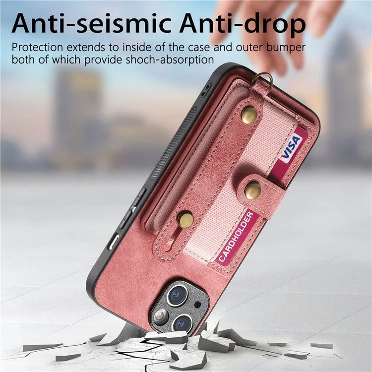 D9 For iPhone 13 Leather Coated Case TPU+PC Cell Phone Back Cover with Strap Card Holder