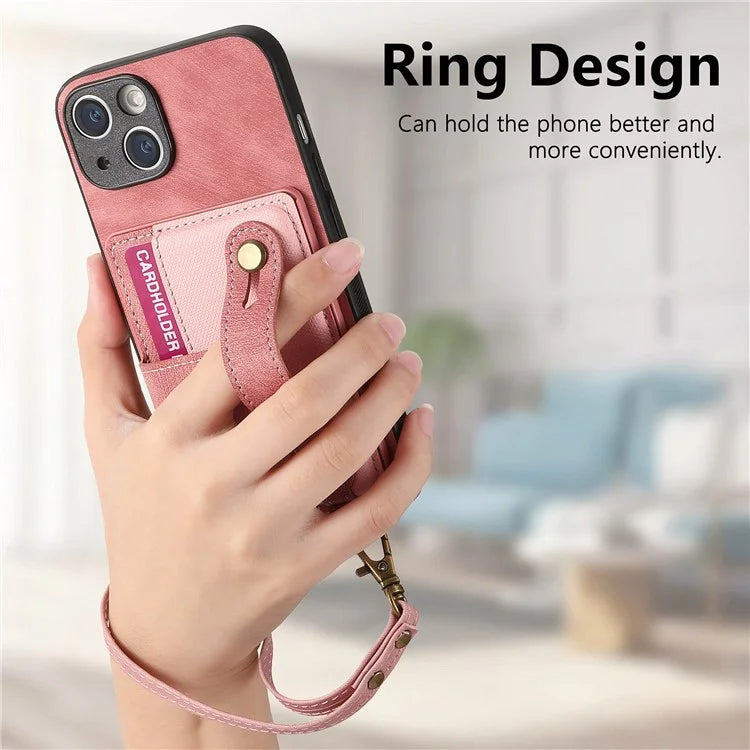 D9 For iPhone 13 Leather Coated Case TPU+PC Cell Phone Back Cover with Strap Card Holder