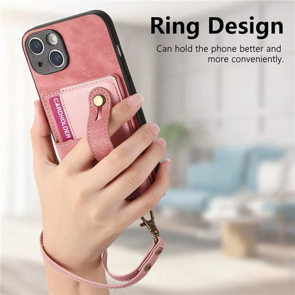 D9 For iPhone 13 Leather Coated Case TPU+PC Cell Phone Back Cover with Strap Card Holder