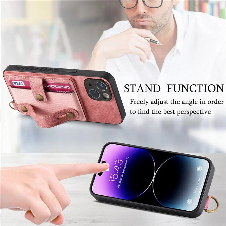 D9 For iPhone 13 Leather Coated Case TPU+PC Cell Phone Back Cover with Strap Card Holder