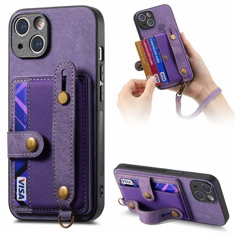 D9 For iPhone 13 Leather Coated Case TPU+PC Cell Phone Back Cover with Strap Card Holder