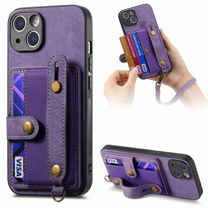 D9 For iPhone 13 Leather Coated Case TPU+PC Cell Phone Back Cover with Strap Card Holder