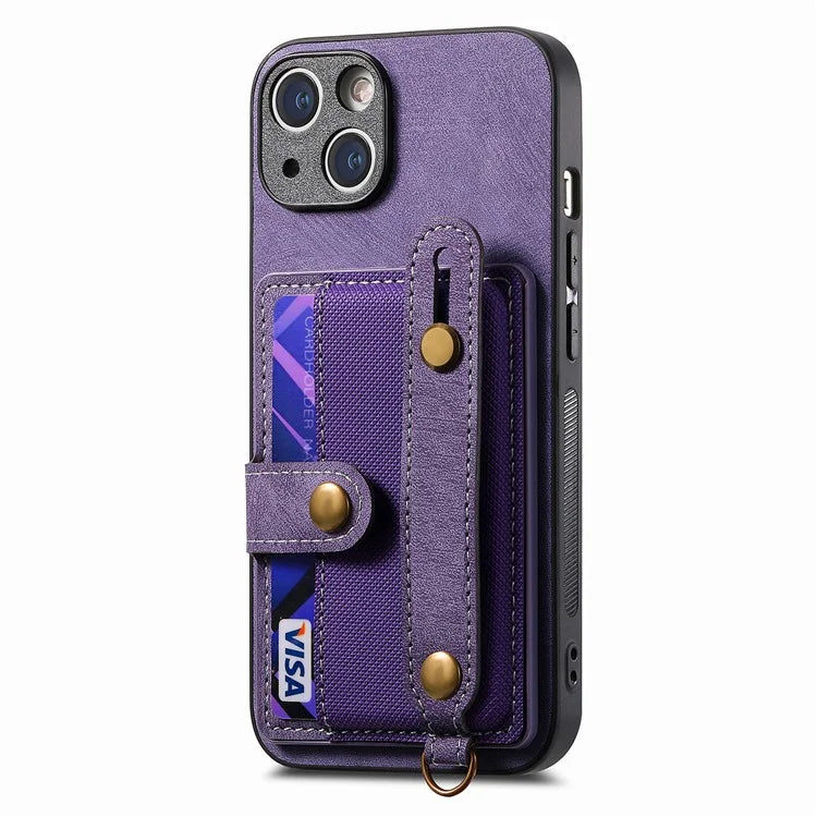 D9 For iPhone 13 Leather Coated Case TPU+PC Cell Phone Back Cover with Strap Card Holder