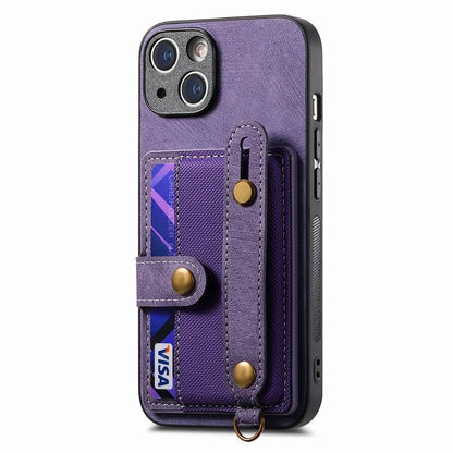 D9 For iPhone 13 Leather Coated Case TPU+PC Cell Phone Back Cover with Strap Card Holder