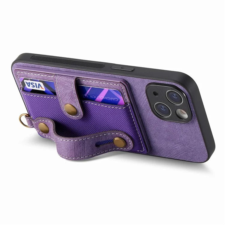 D9 For iPhone 13 Leather Coated Case TPU+PC Cell Phone Back Cover with Strap Card Holder