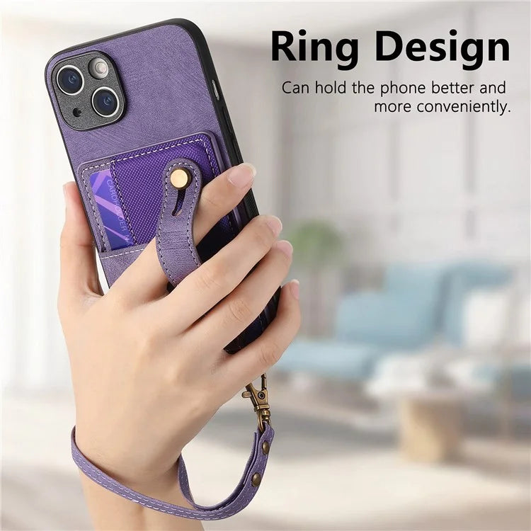D9 For iPhone 13 Leather Coated Case TPU+PC Cell Phone Back Cover with Strap Card Holder