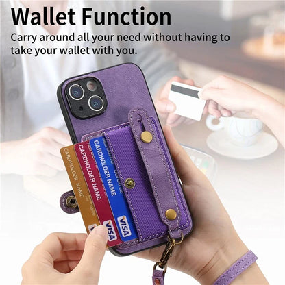 D9 For iPhone 13 Leather Coated Case TPU+PC Cell Phone Back Cover with Strap Card Holder
