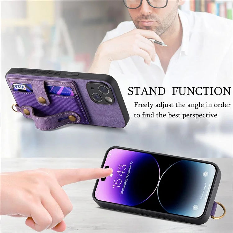 D9 For iPhone 13 Leather Coated Case TPU+PC Cell Phone Back Cover with Strap Card Holder