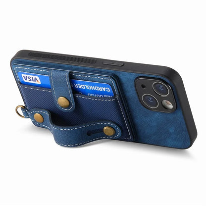 D9 For iPhone 13 Leather Coated Case TPU+PC Cell Phone Back Cover with Strap Card Holder