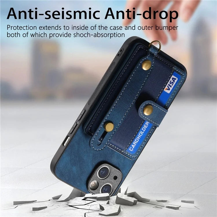 D9 For iPhone 13 Leather Coated Case TPU+PC Cell Phone Back Cover with Strap Card Holder