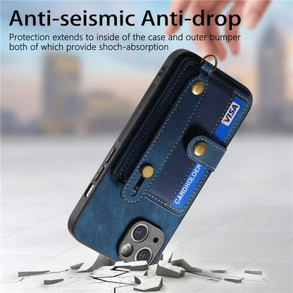 D9 For iPhone 13 Leather Coated Case TPU+PC Cell Phone Back Cover with Strap Card Holder