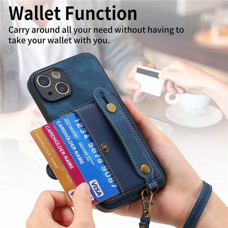 D9 For iPhone 13 Leather Coated Case TPU+PC Cell Phone Back Cover with Strap Card Holder