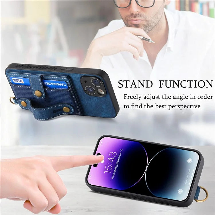 D9 For iPhone 13 Leather Coated Case TPU+PC Cell Phone Back Cover with Strap Card Holder