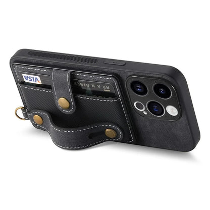 D9 For iPhone 13 Pro Case with Card Holder Leather Coated TPU+PC Wristband Back Cover