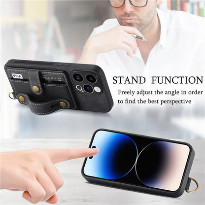 D9 For iPhone 13 Pro Case with Card Holder Leather Coated TPU+PC Wristband Back Cover