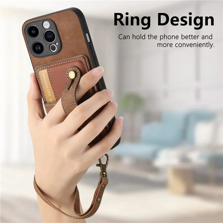 D9 For iPhone 13 Pro Case with Card Holder Leather Coated TPU+PC Wristband Back Cover