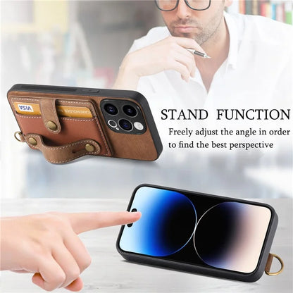 D9 For iPhone 13 Pro Case with Card Holder Leather Coated TPU+PC Wristband Back Cover