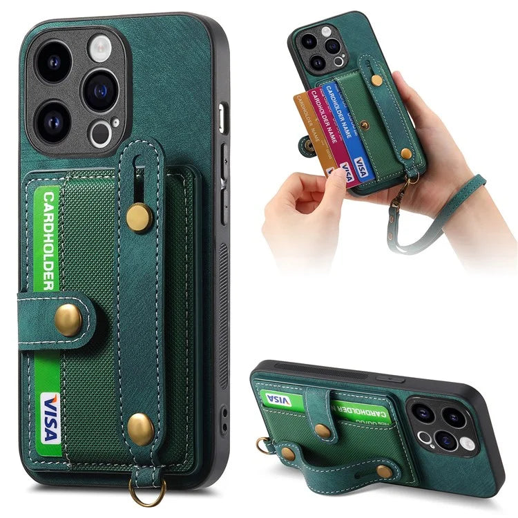 D9 For iPhone 13 Pro Case with Card Holder Leather Coated TPU+PC Wristband Back Cover
