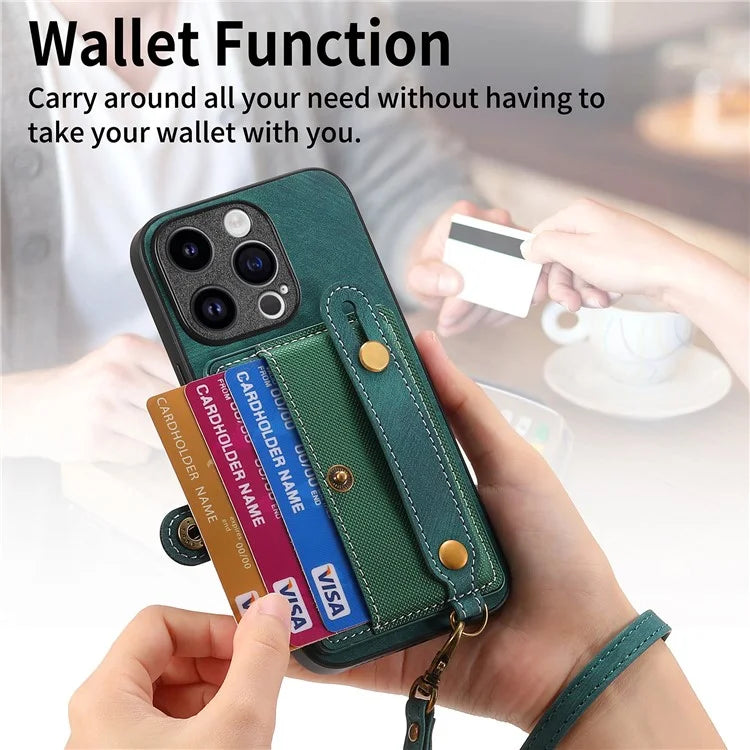 D9 For iPhone 13 Pro Case with Card Holder Leather Coated TPU+PC Wristband Back Cover