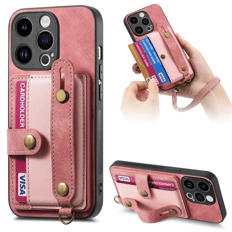 D9 For iPhone 13 Pro Case with Card Holder Leather Coated TPU+PC Wristband Back Cover