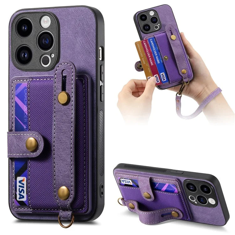 D9 For iPhone 13 Pro Case with Card Holder Leather Coated TPU+PC Wristband Back Cover