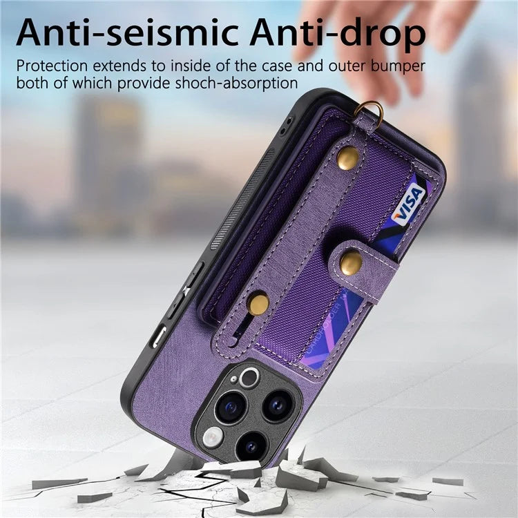 D9 For iPhone 13 Pro Case with Card Holder Leather Coated TPU+PC Wristband Back Cover