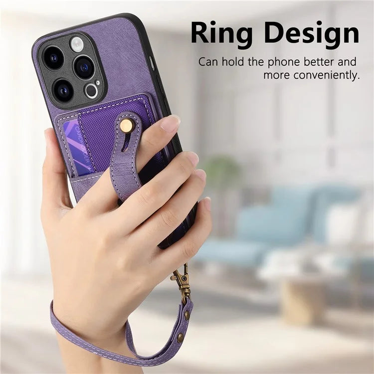 D9 For iPhone 13 Pro Case with Card Holder Leather Coated TPU+PC Wristband Back Cover