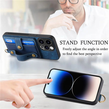 D9 For iPhone 13 Pro Case with Card Holder Leather Coated TPU+PC Wristband Back Cover