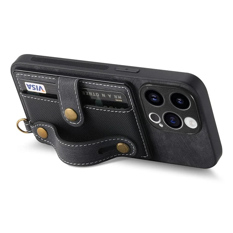 D9 For iPhone 13 Pro Max Case Leather Coated TPU+PC Wristband Back Cover with Card Holder