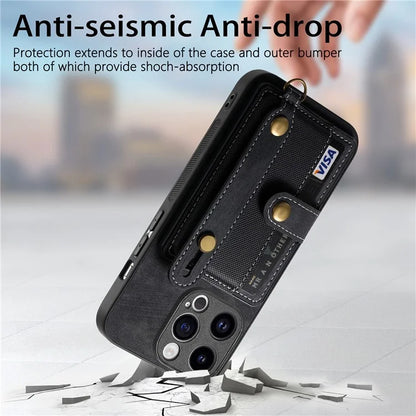D9 For iPhone 13 Pro Max Case Leather Coated TPU+PC Wristband Back Cover with Card Holder