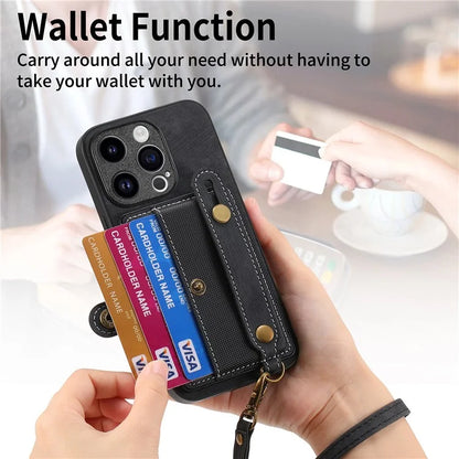D9 For iPhone 13 Pro Max Case Leather Coated TPU+PC Wristband Back Cover with Card Holder