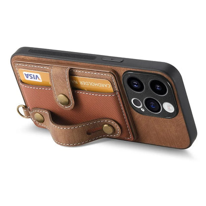D9 For iPhone 13 Pro Max Case Leather Coated TPU+PC Wristband Back Cover with Card Holder
