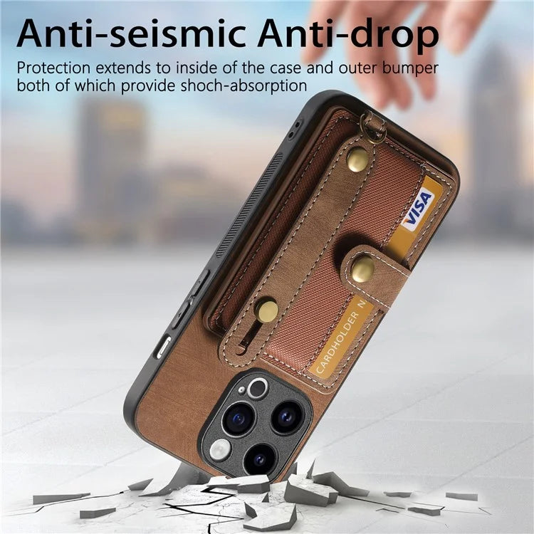 D9 For iPhone 13 Pro Max Case Leather Coated TPU+PC Wristband Back Cover with Card Holder