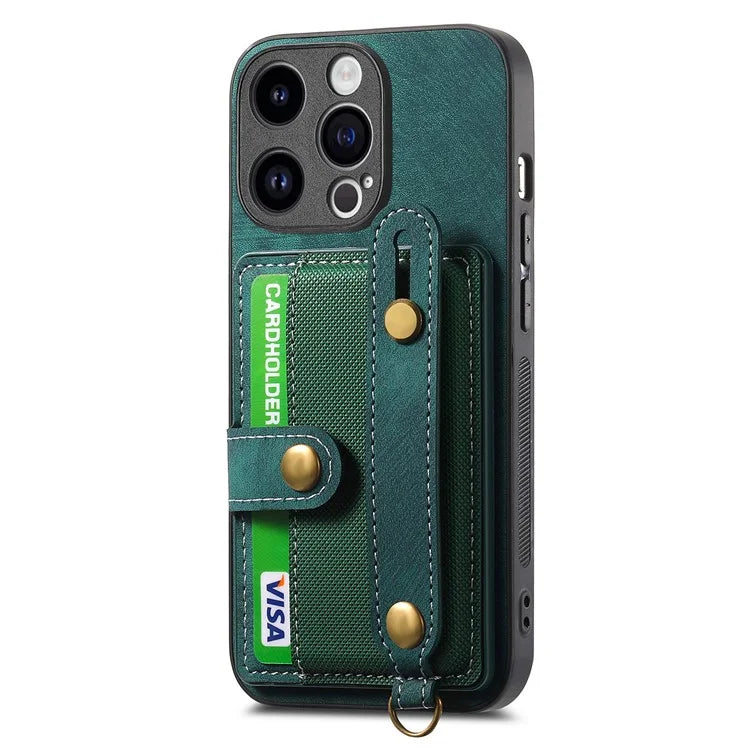 D9 For iPhone 13 Pro Max Case Leather Coated TPU+PC Wristband Back Cover with Card Holder