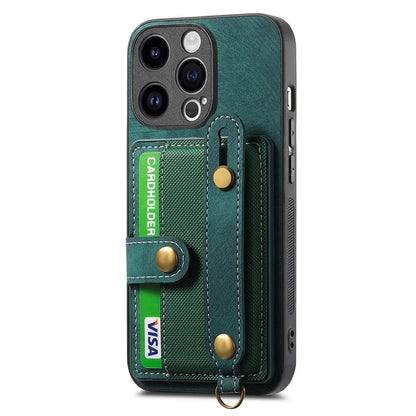 D9 For iPhone 13 Pro Max Case Leather Coated TPU+PC Wristband Back Cover with Card Holder