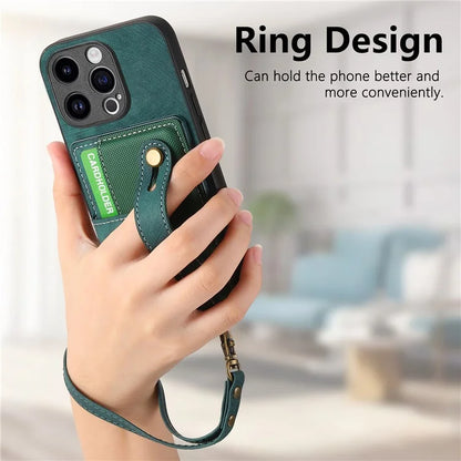 D9 For iPhone 13 Pro Max Case Leather Coated TPU+PC Wristband Back Cover with Card Holder