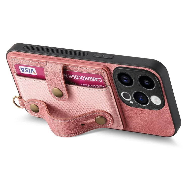 D9 For iPhone 13 Pro Max Case Leather Coated TPU+PC Wristband Back Cover with Card Holder