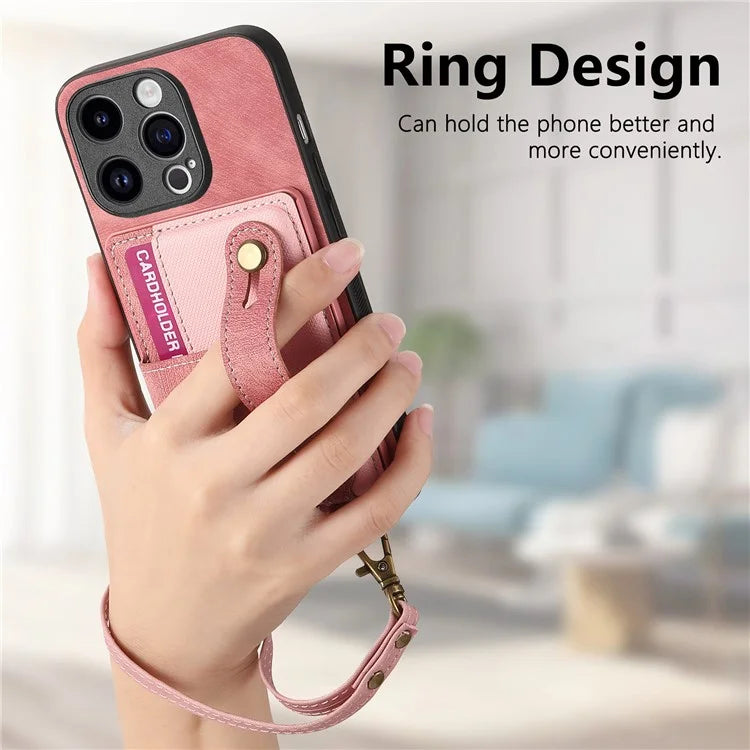 D9 For iPhone 13 Pro Max Case Leather Coated TPU+PC Wristband Back Cover with Card Holder