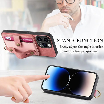 D9 For iPhone 13 Pro Max Case Leather Coated TPU+PC Wristband Back Cover with Card Holder