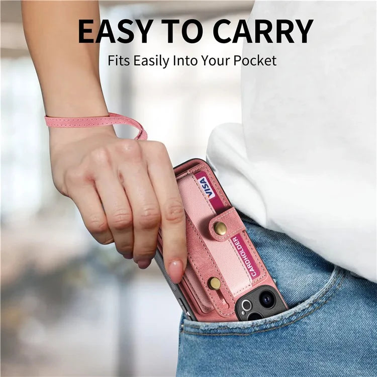 D9 For iPhone 13 Pro Max Case Leather Coated TPU+PC Wristband Back Cover with Card Holder