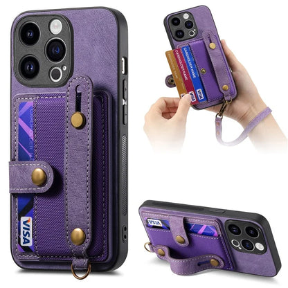 D9 For iPhone 13 Pro Max Case Leather Coated TPU+PC Wristband Back Cover with Card Holder