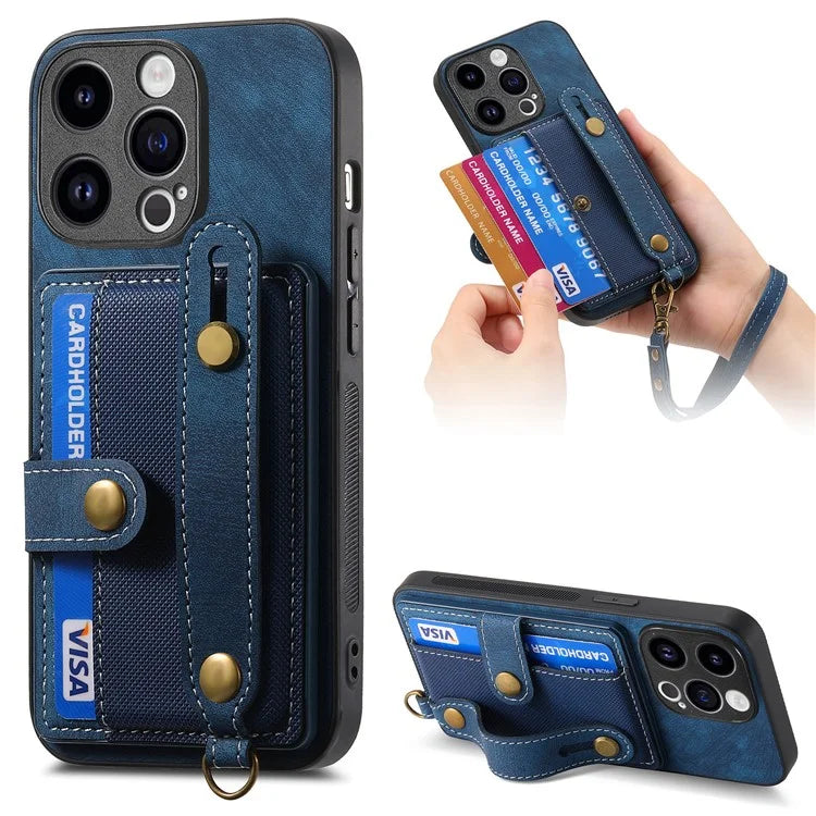 D9 For iPhone 13 Pro Max Case Leather Coated TPU+PC Wristband Back Cover with Card Holder