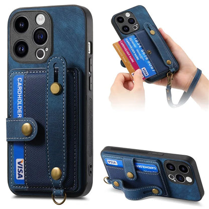 D9 For iPhone 13 Pro Max Case Leather Coated TPU+PC Wristband Back Cover with Card Holder