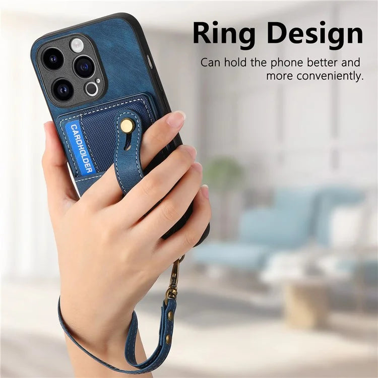 D9 For iPhone 13 Pro Max Case Leather Coated TPU+PC Wristband Back Cover with Card Holder