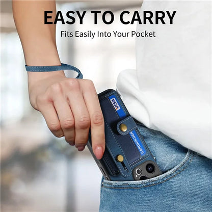 D9 For iPhone 13 Pro Max Case Leather Coated TPU+PC Wristband Back Cover with Card Holder