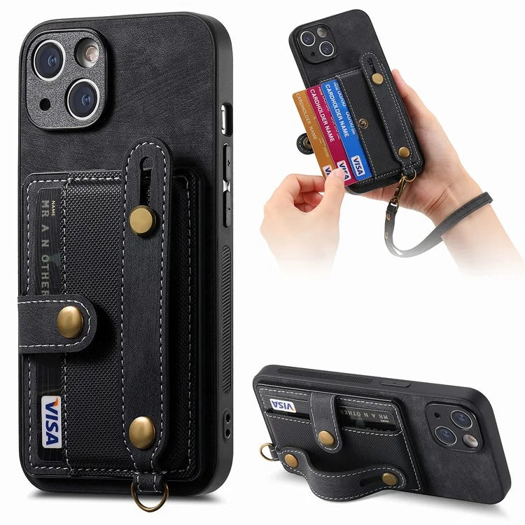 D9 For iPhone 14 Case Wristband PU Leather Vintage Texture Shockproof Cover