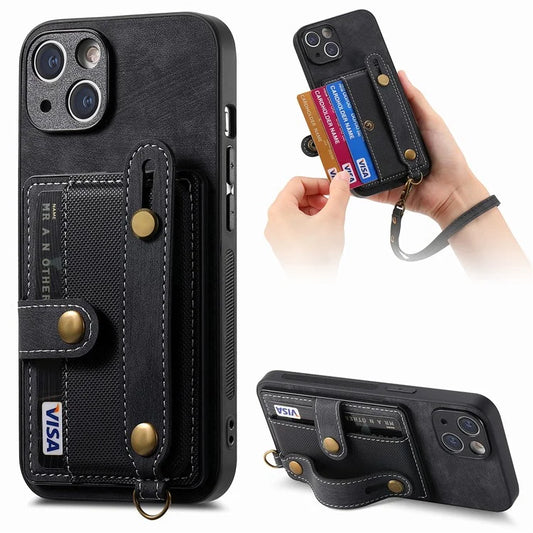 D9 For iPhone 14 Case Wristband PU Leather Vintage Texture Shockproof Cover