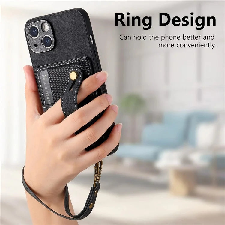 D9 For iPhone 14 Case Wristband PU Leather Vintage Texture Shockproof Cover