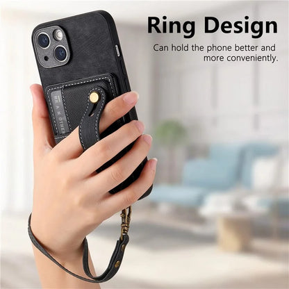 D9 For iPhone 14 Case Wristband PU Leather Vintage Texture Shockproof Cover